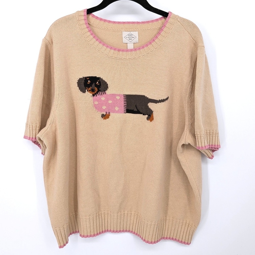 St. John's Bay Short Sleeve Dog Sweater Women XXL Tan Dachshund Intarsia Knit